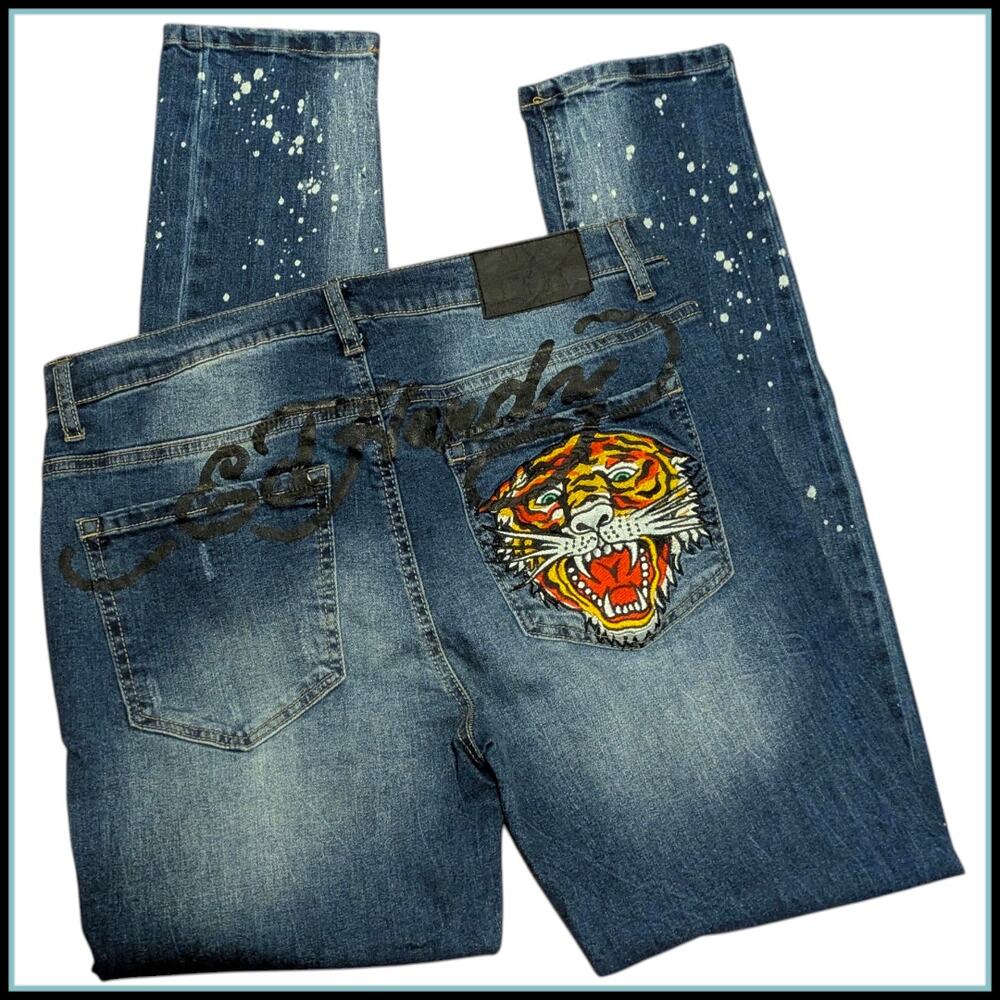 ED HARDY "Roaring Tiger" Splatter Jeans Slim Taper Y2K Tattoo Cyber Grunge 32